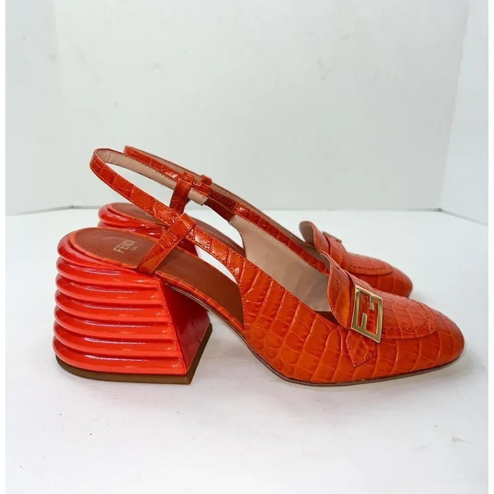 FENDI Orange Rust Runway Croc Effect FF Logo Buckle Slingback Pumps Size… - Picture 11 of 16